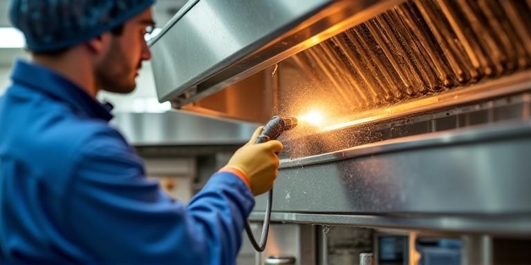 Técnico desengrasando campana extractora industrial